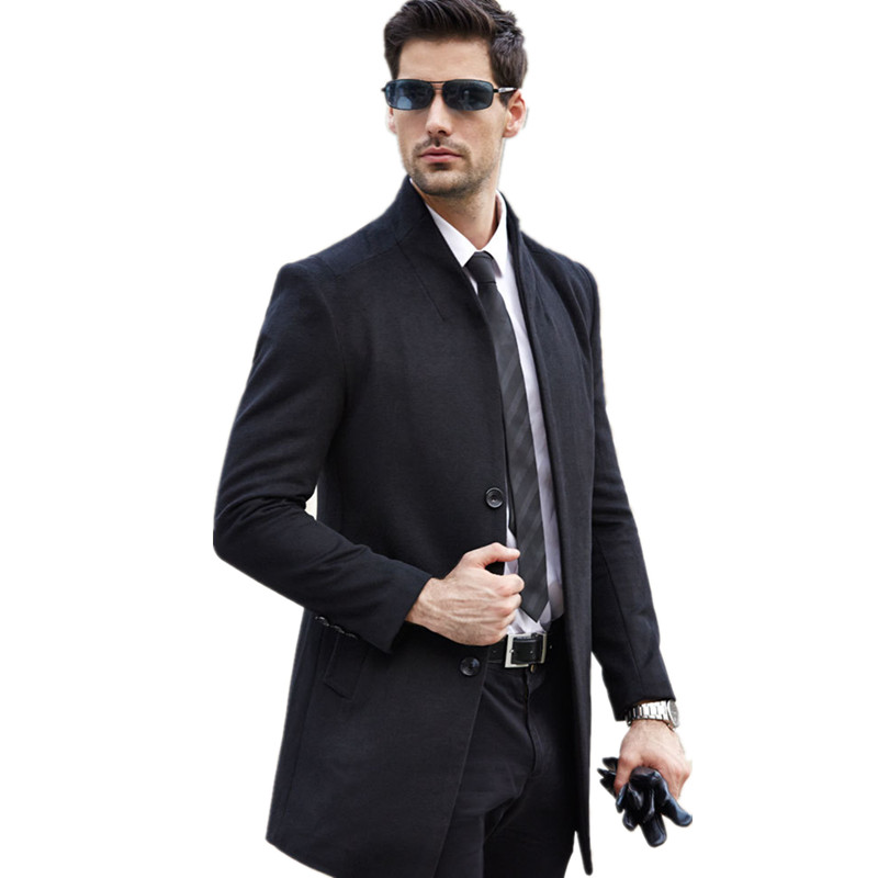 

Trench Coat Men 2017 New Korean Winter Men's Woolen Blended Coat Collar Design Long Khaki Outwear Overcoat Manteau Homme, Black