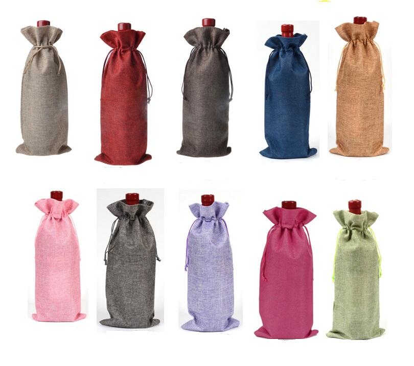 

16 * 36cm Linen Drawstring red Bags Wine bottle packaging Jute pouches custom logo.