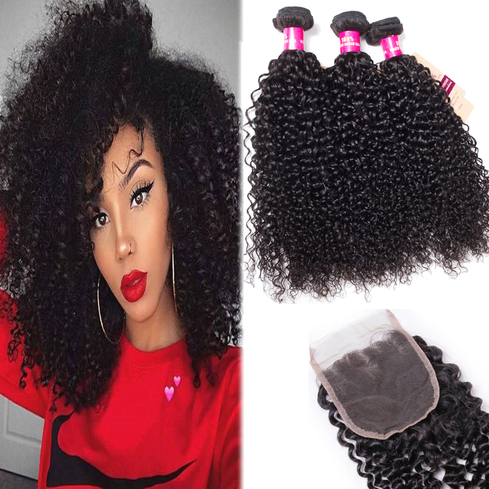 

8A Brazilian Hair Body Straight Loose Wave Kinky Curly 3Bundles With Closure Natural Color Peruvian Malaysia Indian Virgin Human Hair Weave, Deep wave