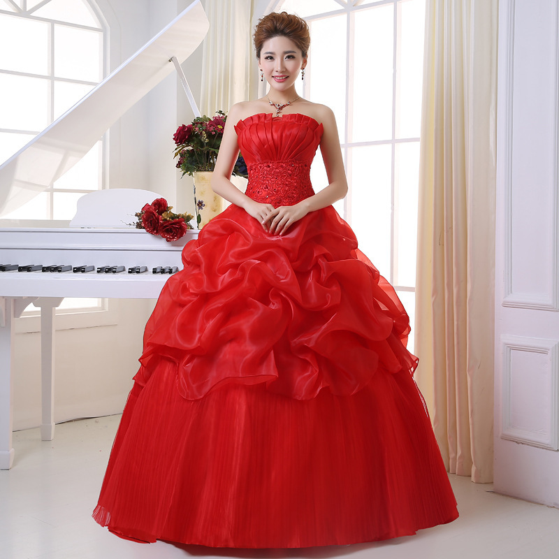 

Hot Sale champagne White Wedding Dress Sweetange Korean Style Romantic Ruffles Lace and zipper Princess Red Vestido De Noiva