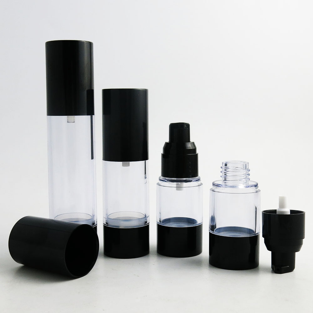 

12 x 15ML 30ML 50ML Travel Refillable AS Cosmetic Airless Bottles Plastic Treatment Pump Lotion Containers with Black Lids
