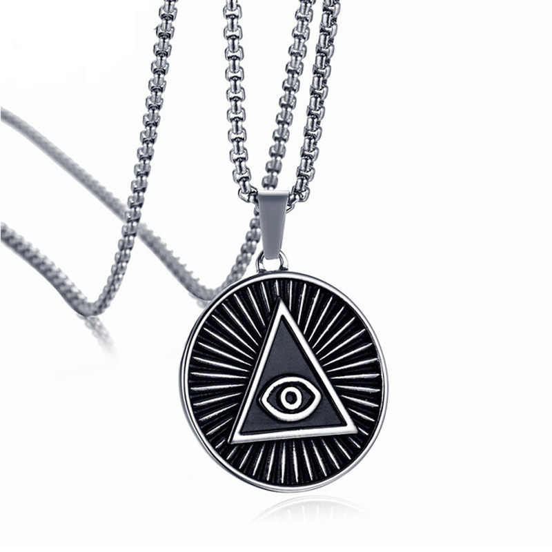

35MM Mens Eye of Providence Pendant Necklace Vintage Stainless Steel Black All-seeing Eye Male Jewelry 24" Box Chain Statement Neckalces