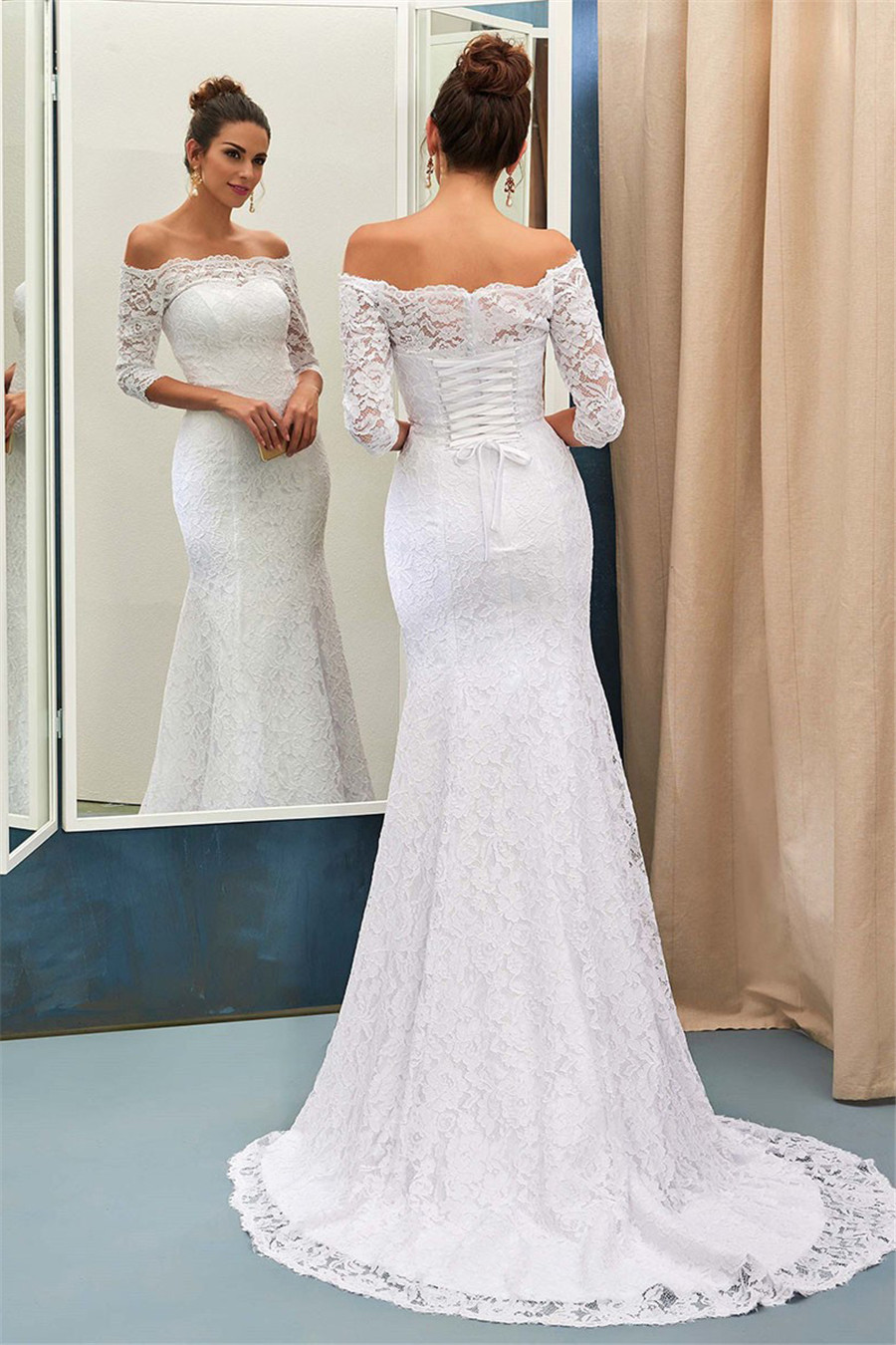 

Off the Shoulder Lace Mermaid Wedding Dress 3/4 Sleeves Lace up Corset Back Bridal Dress Elegant, Ivory
