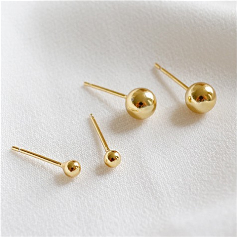

100% Genuine 925 Sterling Silver 3mm 6mm Gold Round Beads Stud Earrings For Women Fashion Simple Sterling Silver Jewelry