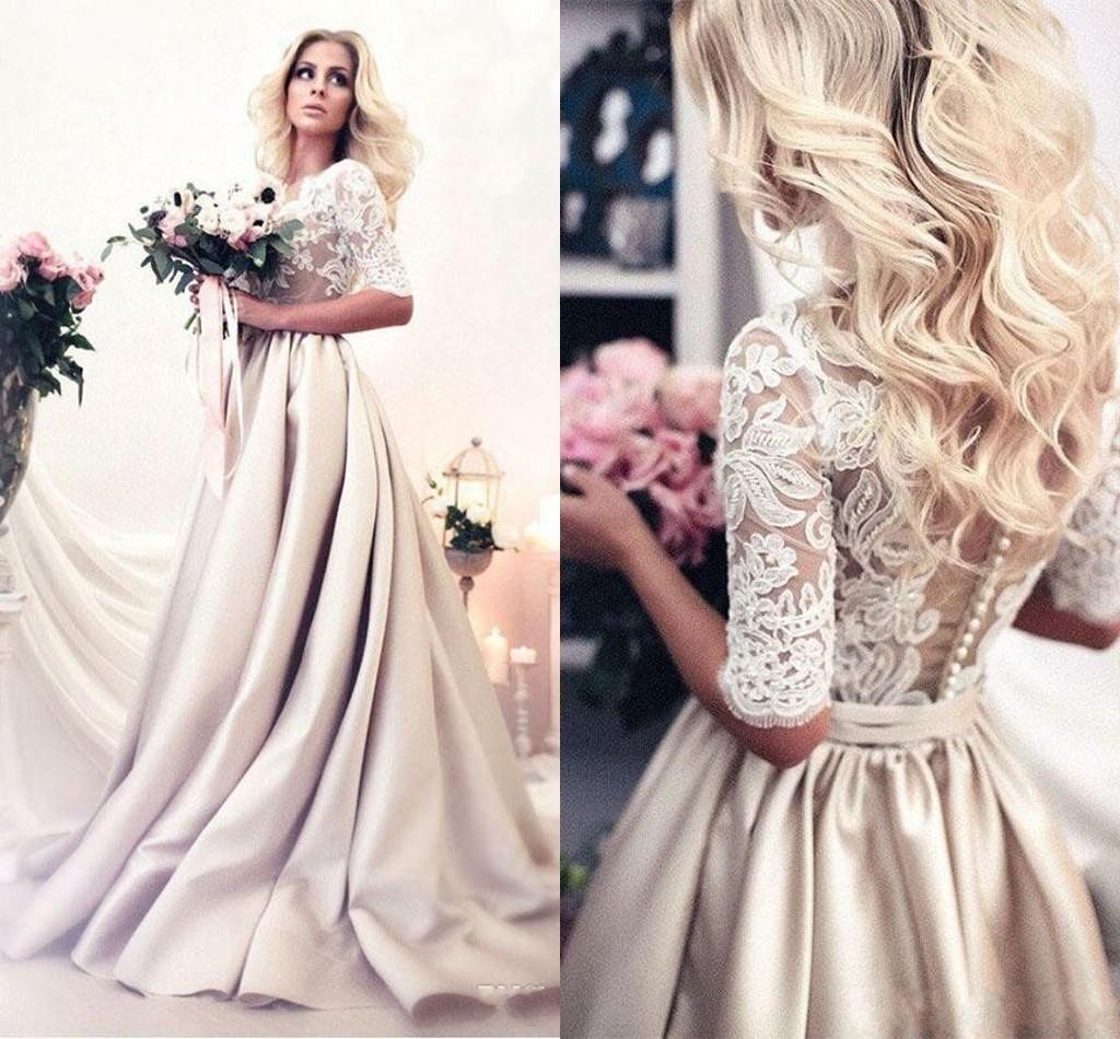 

2018 Cheap Prom Dresses Jewel Neck Illusion Champagne Satin Half Sleeves Lace Appliques Plus Size Evening Dress Wear Party Pageant Gowns, Orange