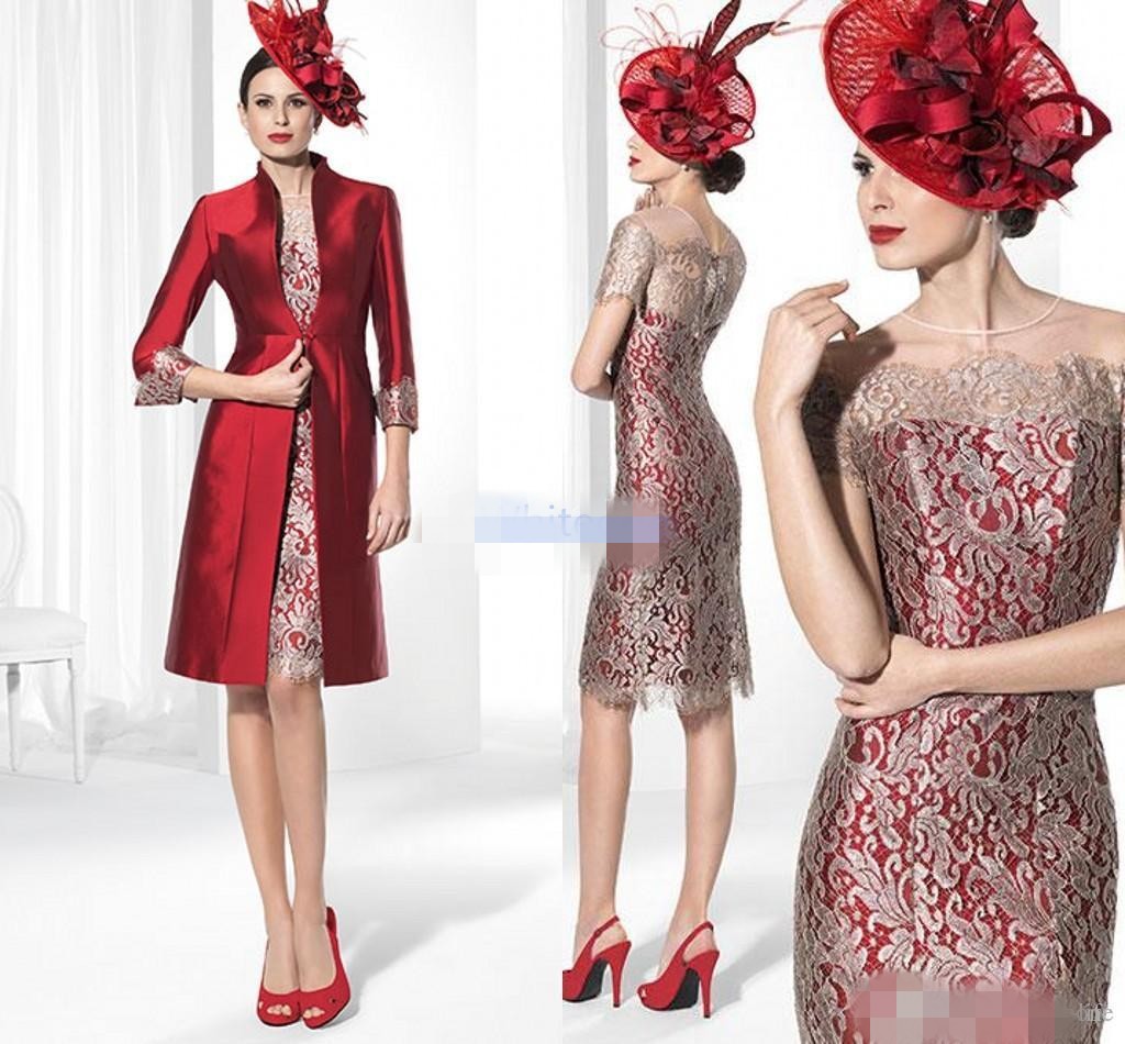 

Vintage Short Mother Of The Bride Groom Dresses With Jacket 2019 Long Sleeves Sheath Knee Length Satin Women Formal Evening Party Gowns