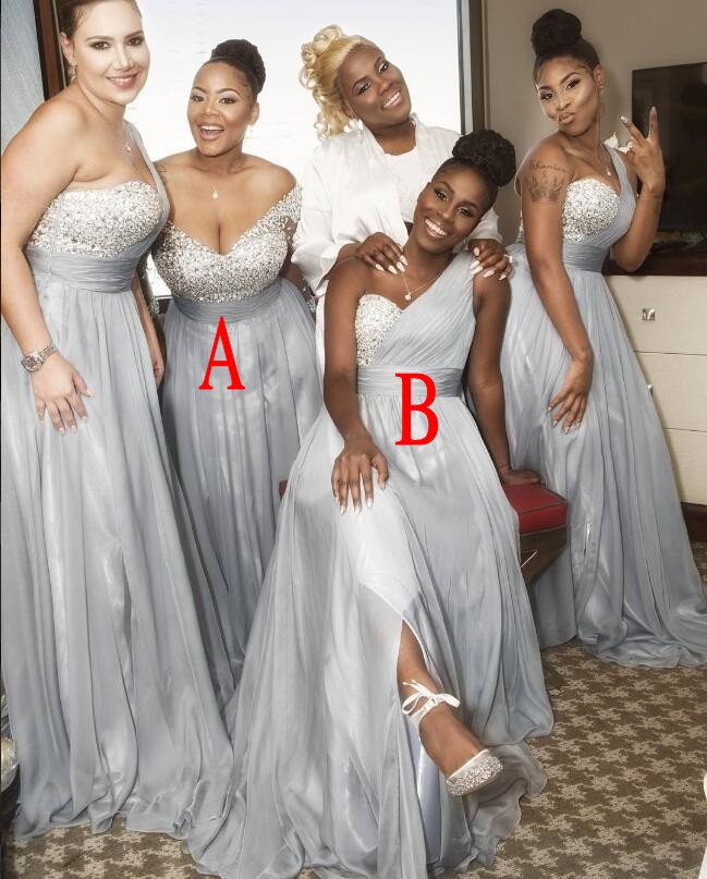 

2020 New Silver Bridesmaid Dresses African Sweetheart Beads Crystal One Shoulder Sweep Train Prom Wedding Guest Dresses Maid Of Honor Dress