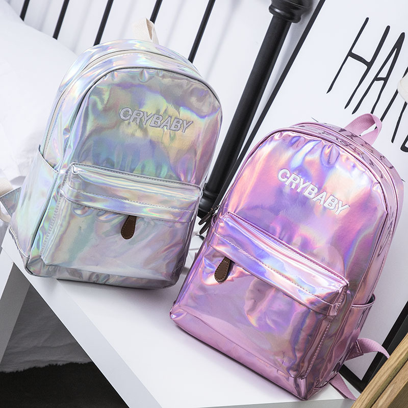 

2018 New Girl pu Letter Crybaby Hologram Laser Backpack Bag Soft Large Capacity pensonal School Bag 4colors, Black