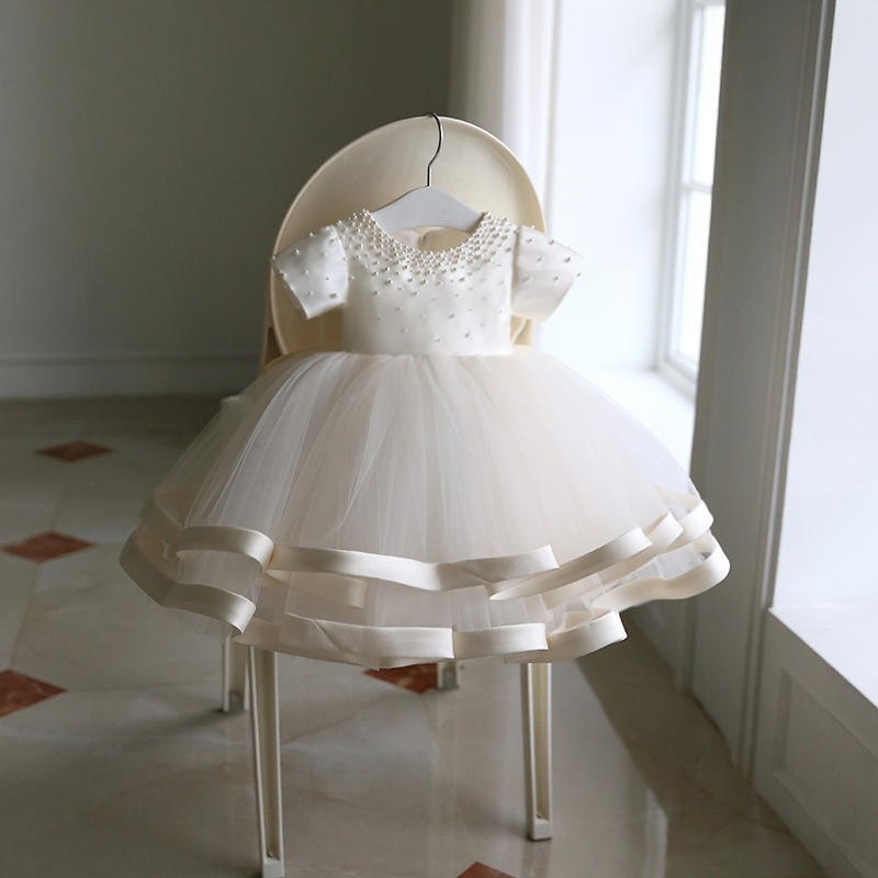 

Lovelys Flower Girl Dresses Satin Tulle with Pearls Cute Girls Pageant Dresses New Arrival Real Pictures 2018, Ivory