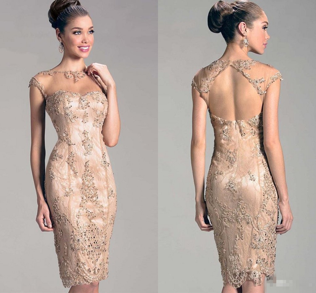 

Short Mother of the bride Groom Dresses For Beach Wedding Evening Party Womens Sheer Neck Tulle Beaded Open Back Godmother