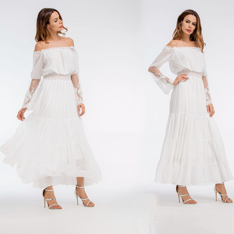 

2018 Summer Sexy Off Shoulder Women Dress Chiffon Dress Boho Style Long Party Beach Dresses Lace Long Sleeves Bohemian Dresses, As the picture show