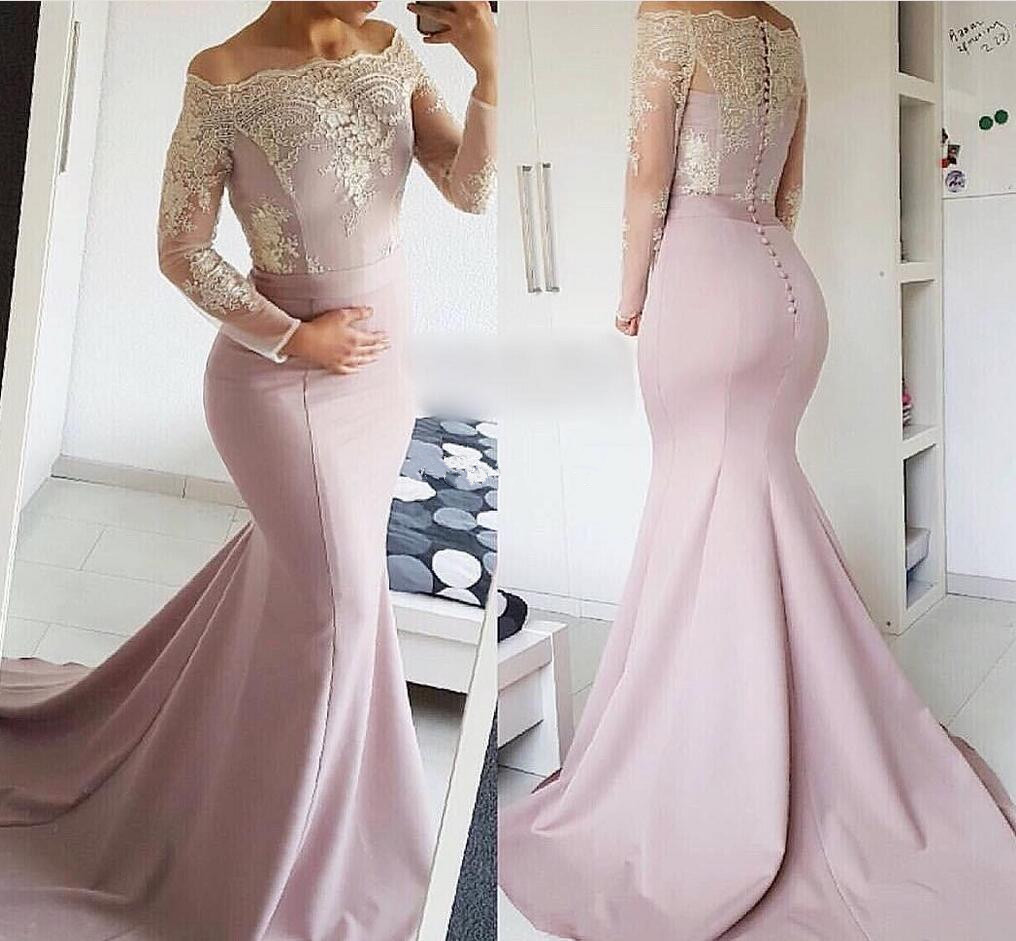 

Off Shoulder Mermaid Evening Dresses Custom Made Illusion Long Sleeves Lace Appliques Prom Party Dress Formal Gowns, Daffodil