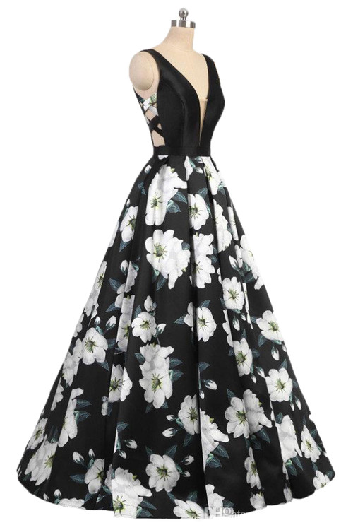 

new style printing evening dresses deep vneck sexy formal evening dress for women laceup prom dresses floorlength prom gowns, Same as picture