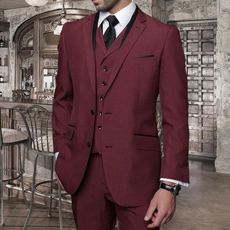 

Burgundy Business Formal Men Suits 2018 Three Piece Notched Lapel Two Button Custom Made Wedding Tuxedos (Jacket + Pants+ Vest, Same as image