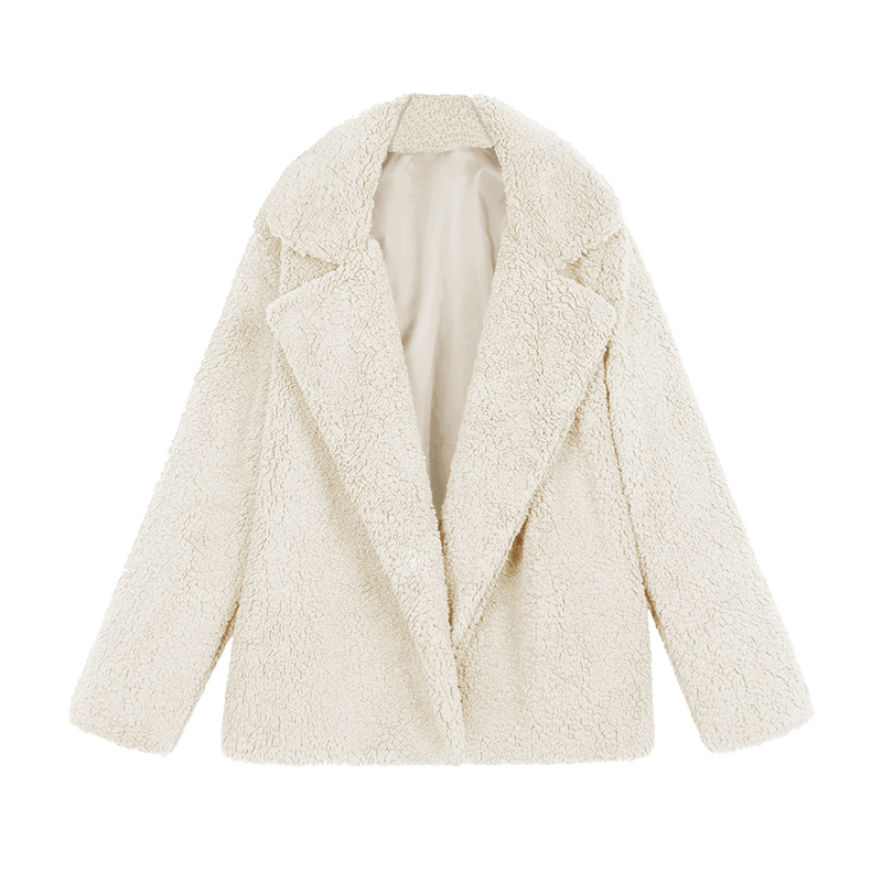 

2018 Winter Faux Fur Jacket Women Coat Turn-Down Collar Long Sleeve Side Pocket Solid Fluffy Coat Warm Slim Overcoat Outerwear, Beige