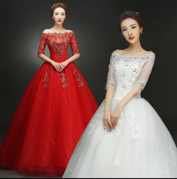 

Real Sample 2018 New Style Boat-Neck Half Sleeve White Red Crystal Decoration Lace Material Bling Wedding Dress Custom Made