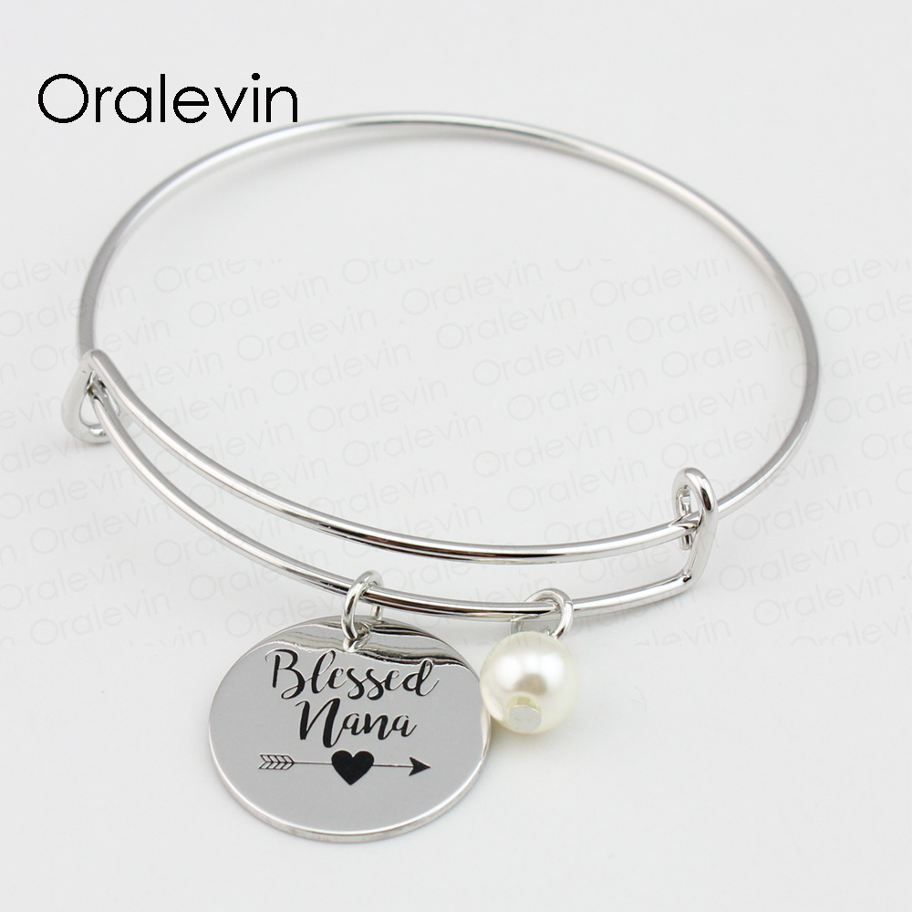 

BLESSED NANA Inspirational Engraved Custom Pendant Charm Expandable Bracelet Bangle Metal Stamped Jewelry 10Pcs/Lot, #LN530B