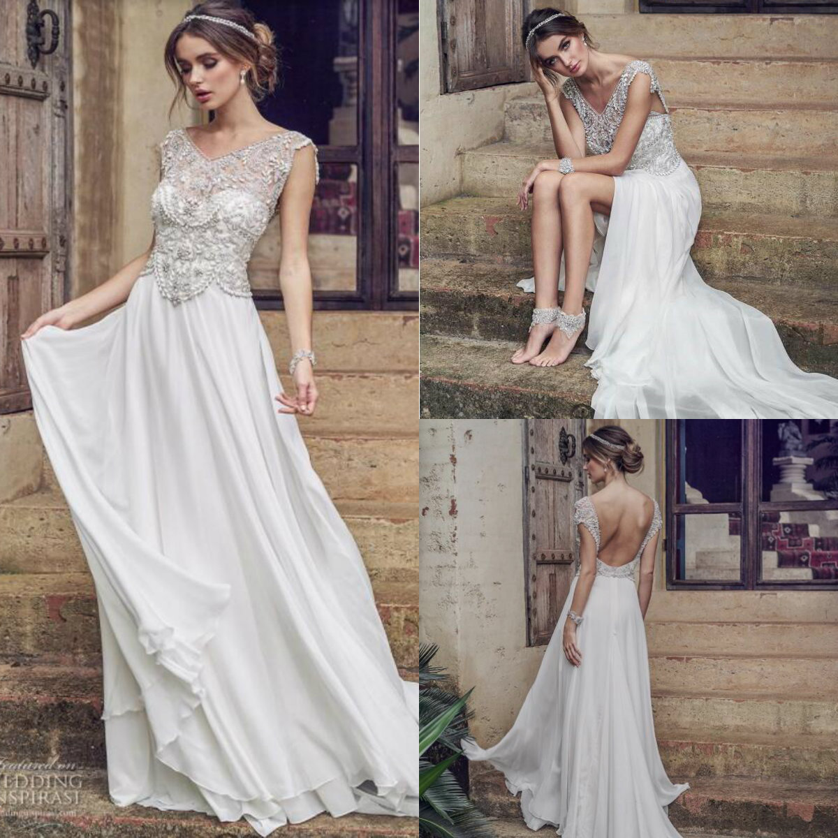 

Vintage Bohemian Wedding Dresses V Necl Lace Crystal Pearls Chiffon Boho Bridal Gowns Backless Illusion Cap Sleeve Beach Wedding Dress, Same as image
