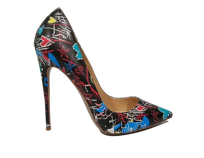 

Free Shipping fashion new woman women lady 2019ss new Poined Toes high heels shoes pumps black Graffiti PRINT Wedding Heels shoes sandals, Black 8cm