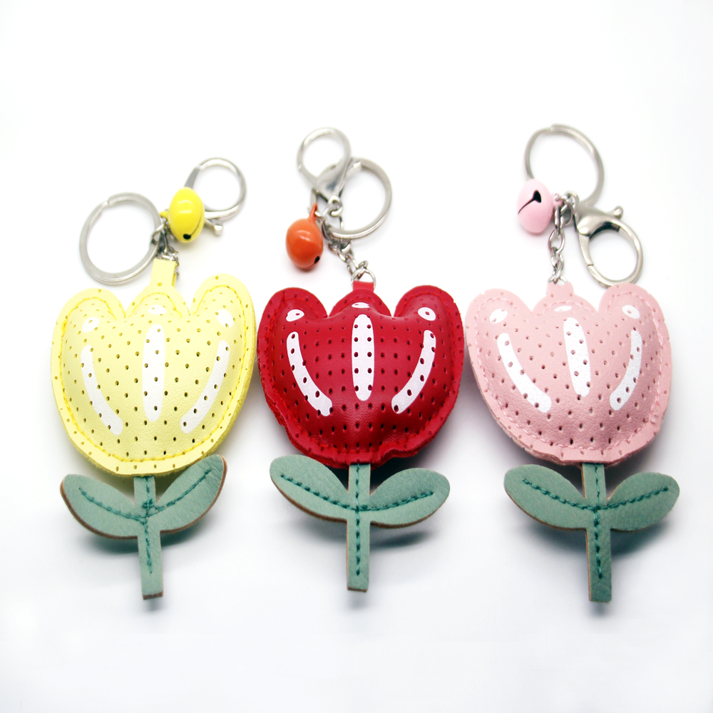 

PU leather plant pattern pendant plus color bell with key chain fashion personality key chain spot wholesale