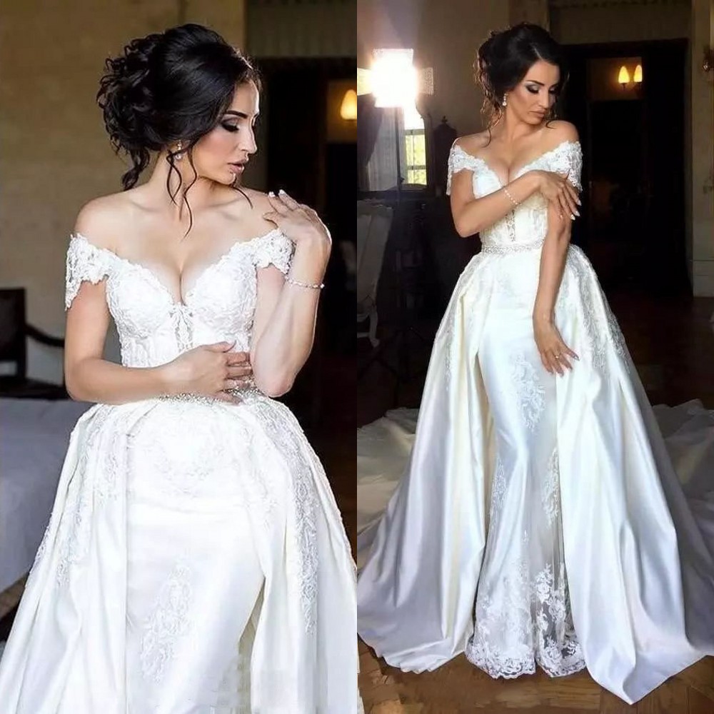 

Glamorous V-Neck Off Shoulder Wedding Gown Beads Appliques Satin Mermaid Wedding Dress 2018 Fashion Detachable Train Overskirts Wedding Dres, Champagne