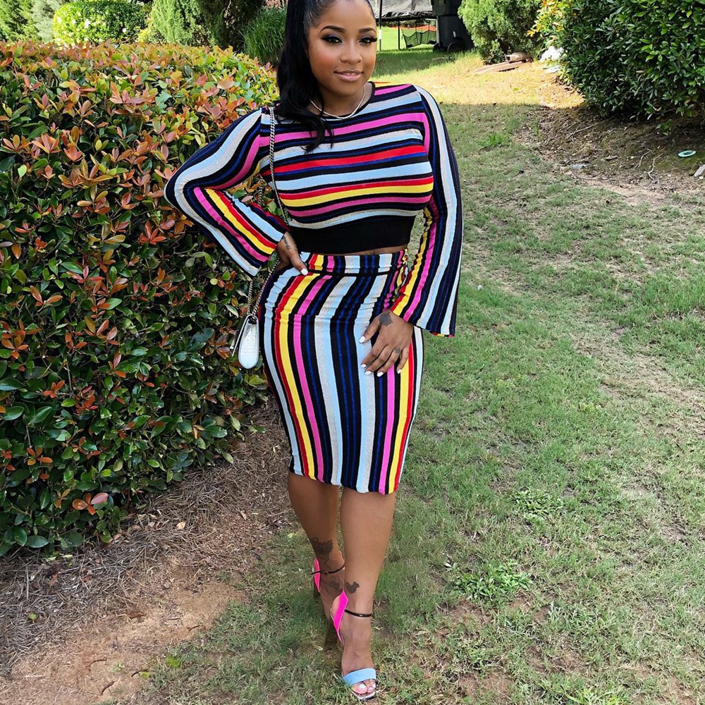 

Top and Skirt Two Piece Set Women 2018 CHEAPEST 2 Piece Skirt Set F0226 Striped Print Flare Sleeve, Multi