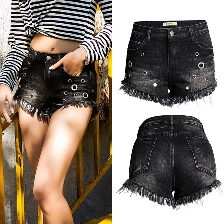 

2018 Street Fashion Women's Black Ripped Fade Denim Shorts High Waist Metal Ring Patch Short Jeans, Black sl069