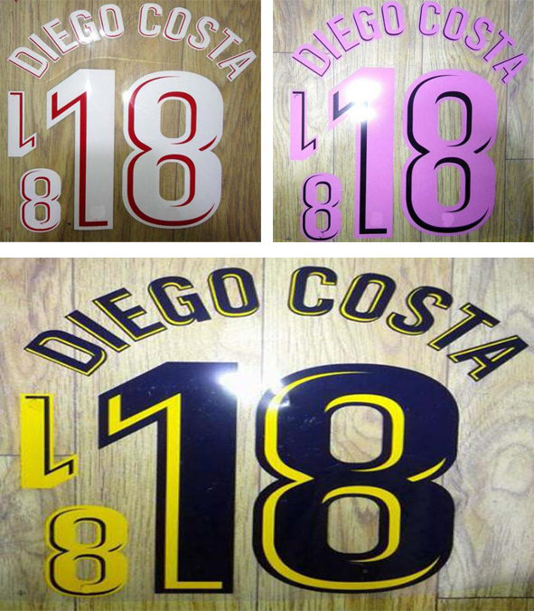 

2017 2018 De Madrid hot printing namesets 18 DIEGO COSTA soccer player's stamping stickers impressed plastic lettering font on soccer jersey