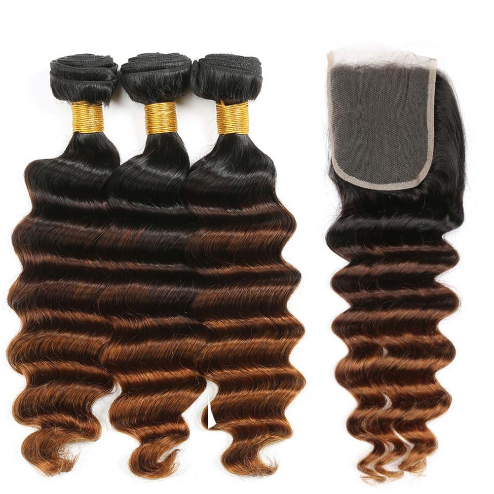 

Deep Wave #1B/4/30 Medium Auburn Ombre Brazilian Human Hair Weaves with 4x4 Lace Front Closure 3Tone Ombre Bundles with Closure