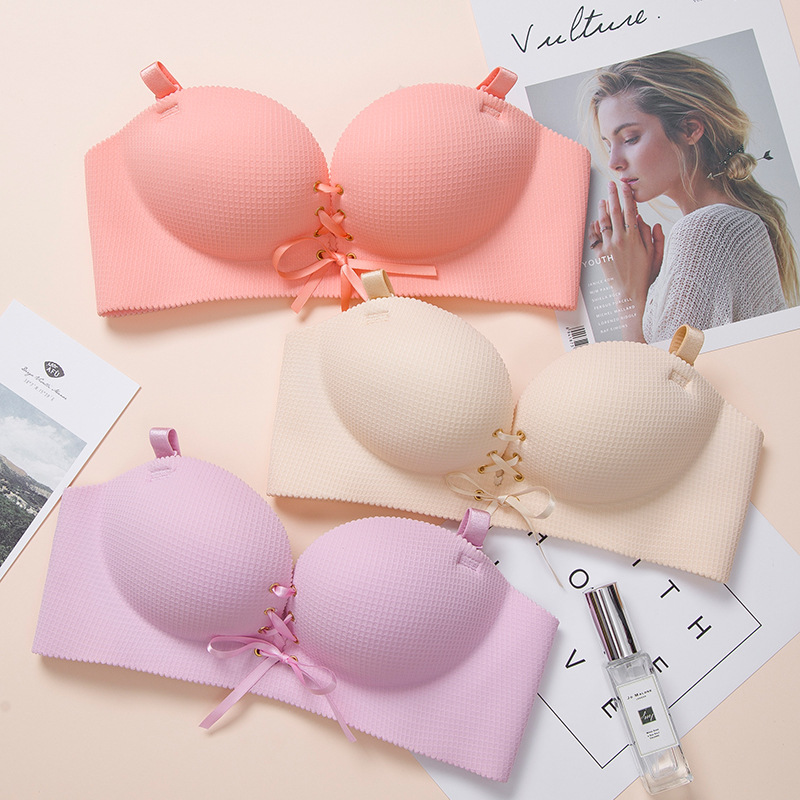 

Fashion Women 's Bra with tie sexy Ppaid lingerie bra Seamless Underwear Push Up Seamless Women bra Straps Wire Free wholesale, Pink