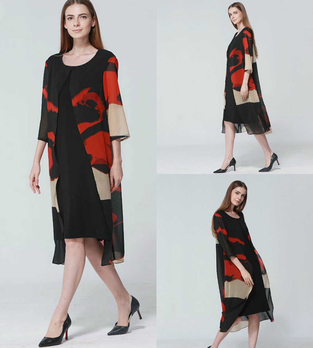 

A Line Print Mother Of The Bride Dresses Hi-Lo Pastels Elegant 3/4 Sleeve Jewel Neck Wedding Guest