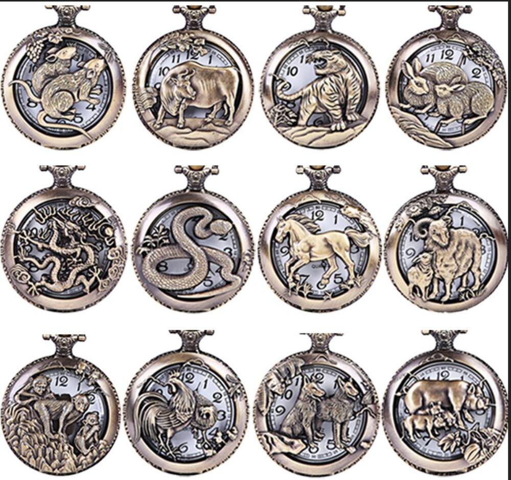 

Wholesale 100pcs/lot Mix 12 designs Animals Dial Pendant Necklace Chain Quartz Pocket Watch PW090