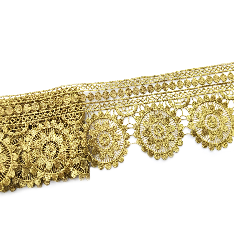

Sale by Yard Golden metallic thread flower high quality embroidery Lace Fabric Sewing costumes DIY Lace Trim H006