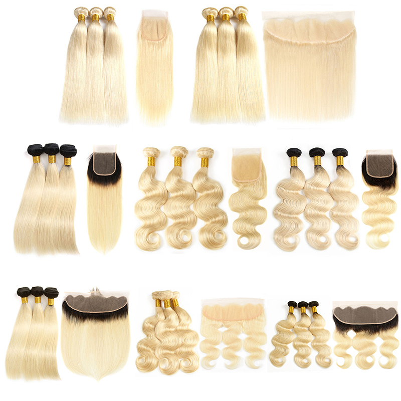 

High Quality Human Hair Bundles with Lace Closure Frontal 613 1B/613 Ombre Blonde Hair Wholesale Vendors Brazilian Straight Body Wave Hair, Body 613 with 4x4
