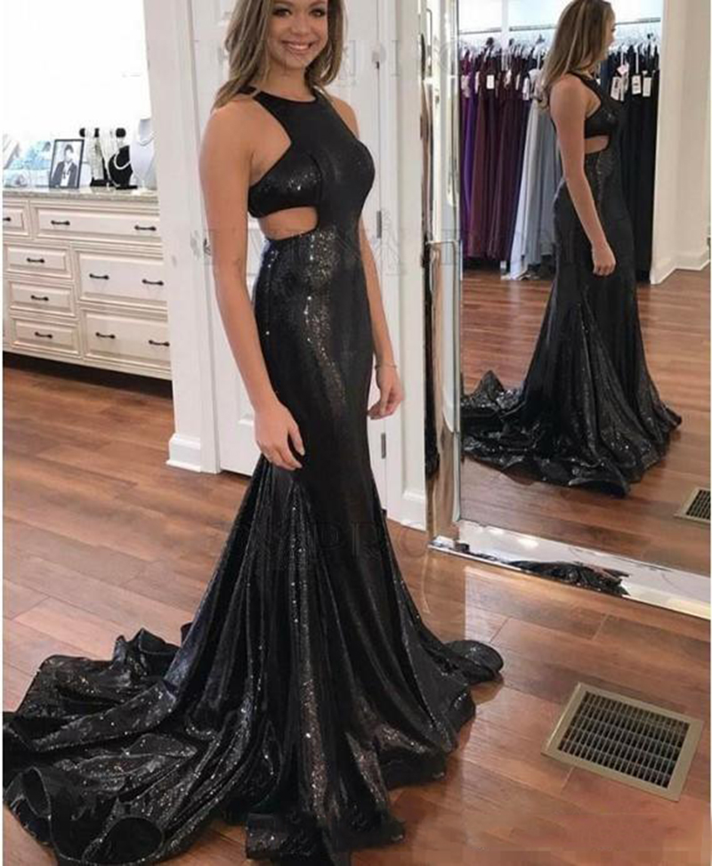 

Sexy Black Sequined Mermaid Prom Dresses Sexy Halter Neck Backless Sweep Train Long Formal Prom Wear Red Carpet Celebrity Gowns, Dark green
