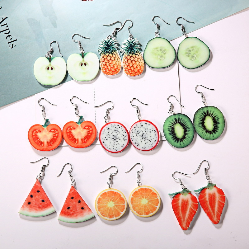 

Korean Cute Fruit Drop Earrings Individuality Strawberry pineapple watermelon apple orange Pitaya shape Dangle Ear Ring For women Jewelry
