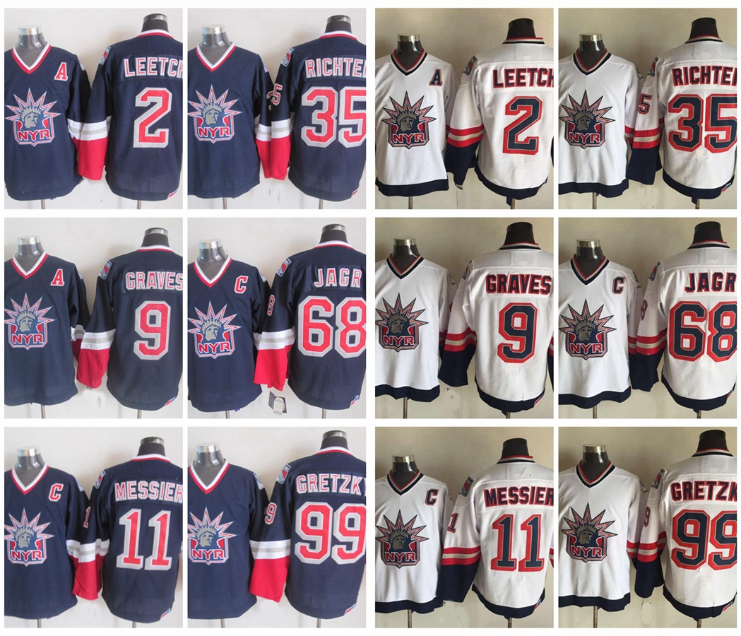 

1998 Liberty Hockey Jerseys 2 Brian Leetch 11 Mark Messier 35 Mike Richter 9 Adam Graves 68 Jaromir Jagr 99 Wayne Gretzky New York Rangers, White 68