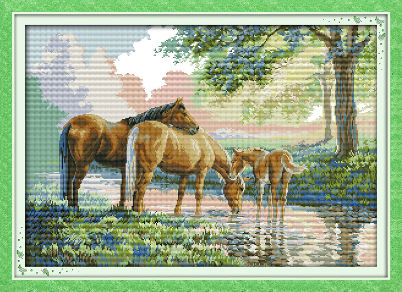 

Horse family In the forest decor paintings ,Handmade Cross Stitch Embroidery Needlework sets counted print on canvas DMC 14CT /11CT