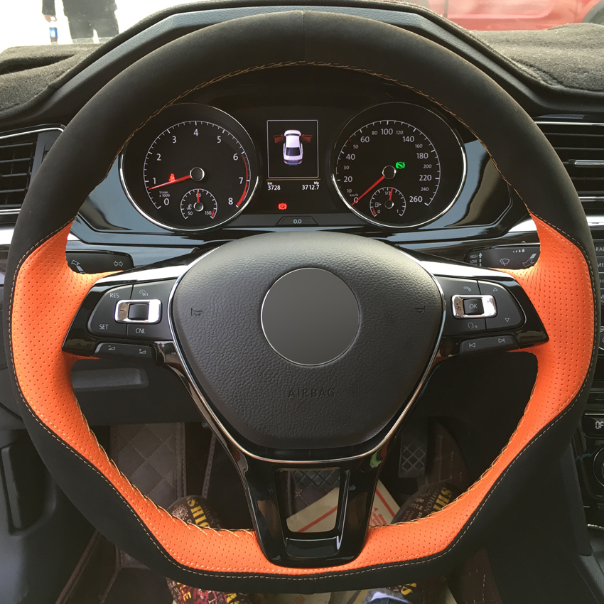 Hand-stitched Black Orange Leather Car Steering Wheel Cover for Volkswagen VW Golf 7 Mk7 New Polo Jetta Passat B8 Tiguan Sharan-image-429867464
