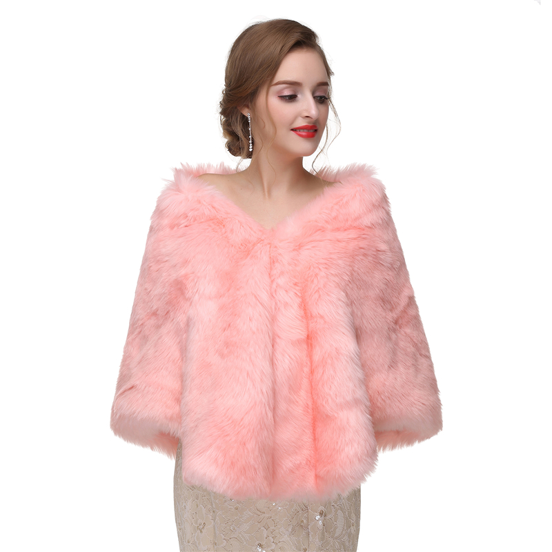 

CMS06 Women Luxury Bridal Faux Fur Shawl Wraps Cloak Coat Sweater Cape Pink Wraps Wedding Bolero Jacket, Color as picture