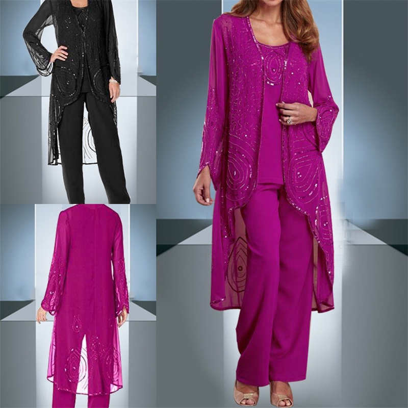 

Chic Fuchsia Mother Of Bride Pant Suits 3 Pieces Chiffon Formal Mother's Gowns With Jacket Beaded Special Occasion Plus Size Mothers Wear