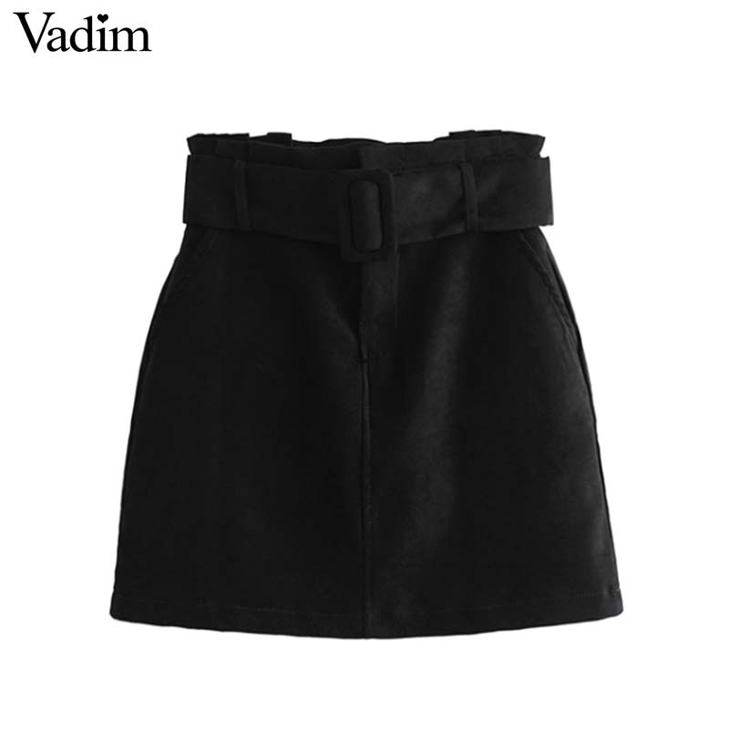 

Vadim vintage black suede paperbag waist skirt faldas mujer elastic high waist sashes zipper ladies casual mini skirts BA203, As picture