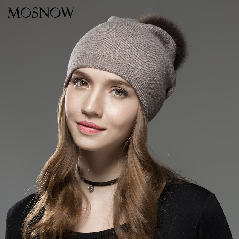 Mosnow Hat Female Wool Raccoon Fox Fur Pom Poms Winter Hats Asymmetry High Quality Knitted Vogue Warm Casual Skullies Beanies D18103006