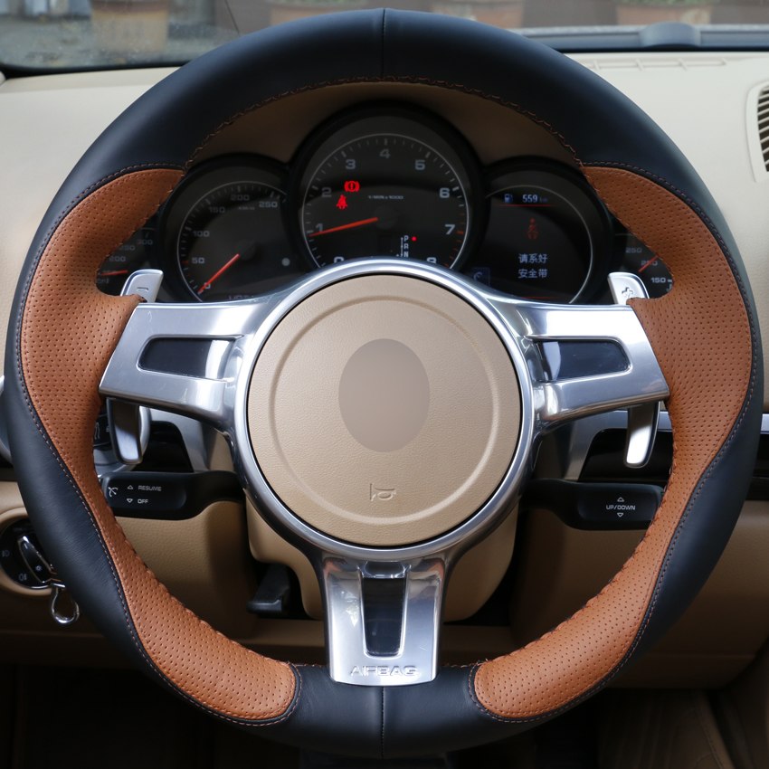 DIY Hand-stitched Steering Wheel Cover Brown Black Leather for Porsche Cayenne Panamera 2012 2013-image-430169086