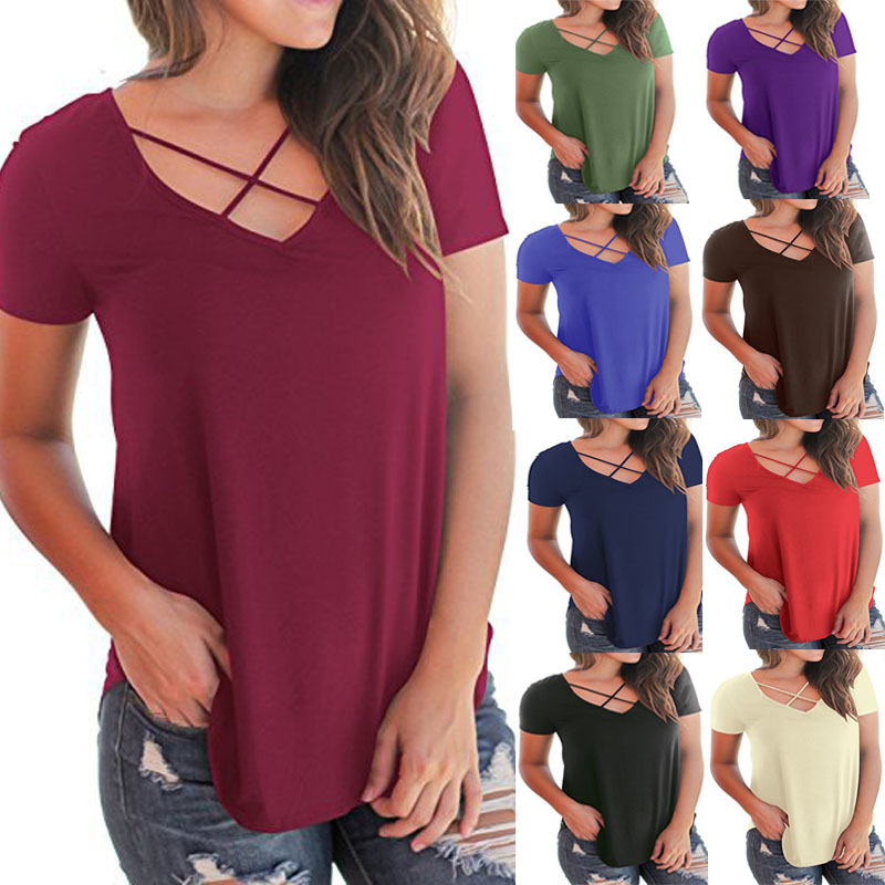 2018 Spring Summer New Women's Short Sleeve T Shirt Chest Cross V Neck Loose Casual Tops Ladies T-shirt Size S-2XL