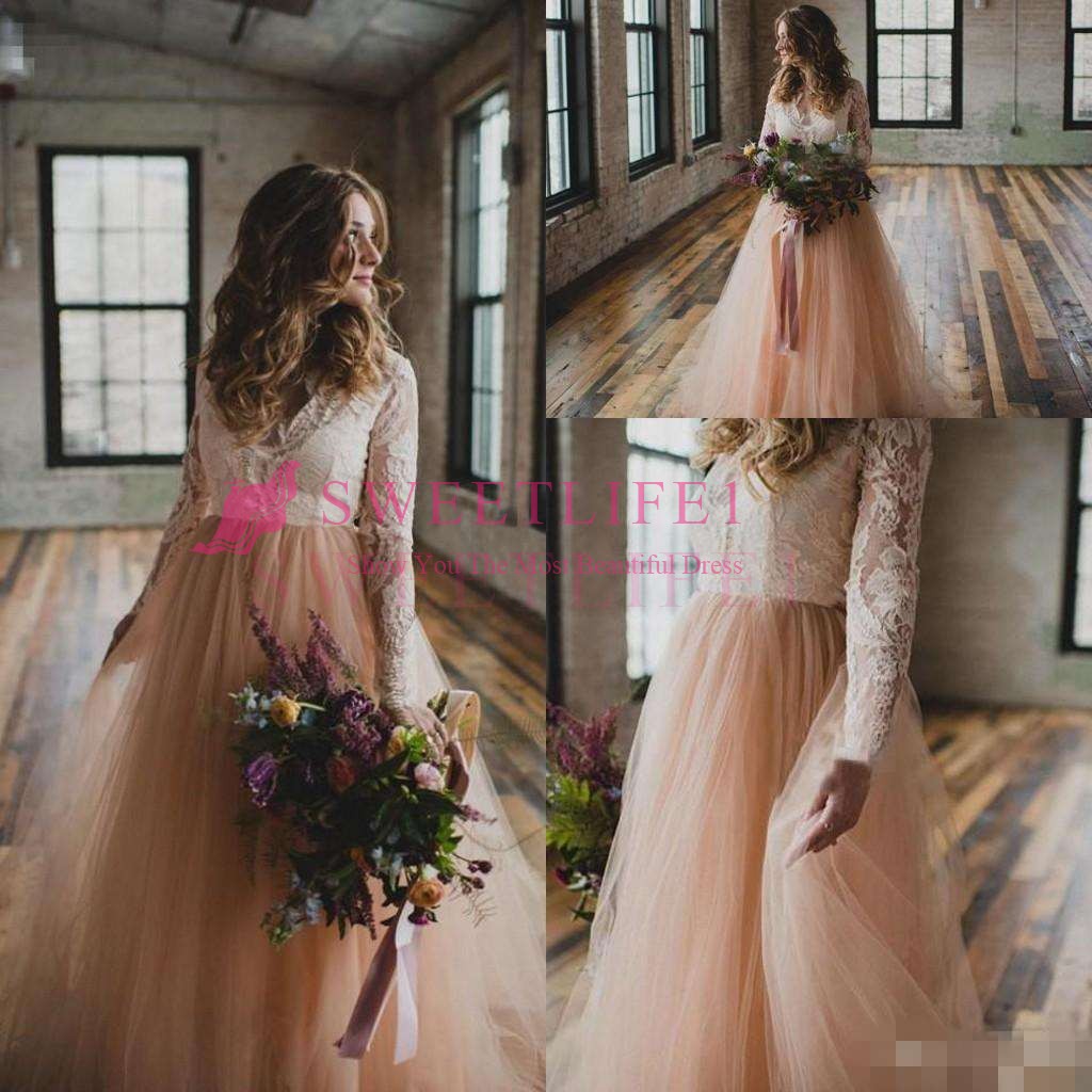 

Vintage Country Wedding Dresses with Long Sleeves Lace Blush Tulle V Neck 2019 Bohemia Garden Beach Plus Size Bridal Wedding Gowns Cheap, Ivory