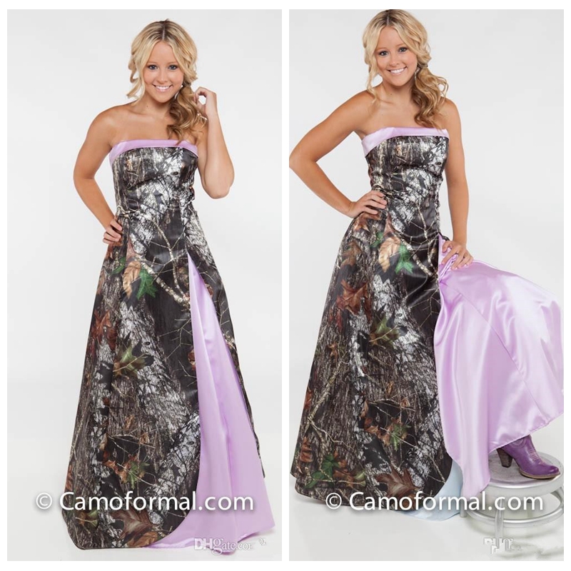 

Strapless Long Lavender A-Line Camo Bridesmaids Dresses Satin Custom Online Camouflage Formal Bridesmaid Honor Of Maid Cheap Guest Wear