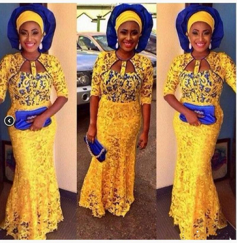 New African Yellow Lace Mermaid Evening Dresses With 3/4 Long Sleeves Prom 2K17 Dresses Party Evening Wear Long Formal Cocktail Gowns
