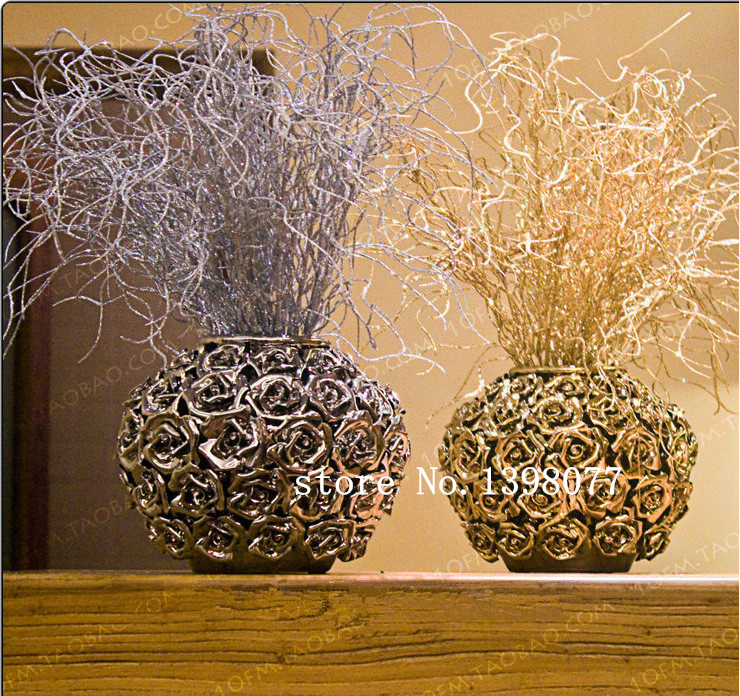 

45cm golden silver glitter bling flower branches Eulaliopsis binata artificial flower gilded grass Christmas, Golden 3pcs