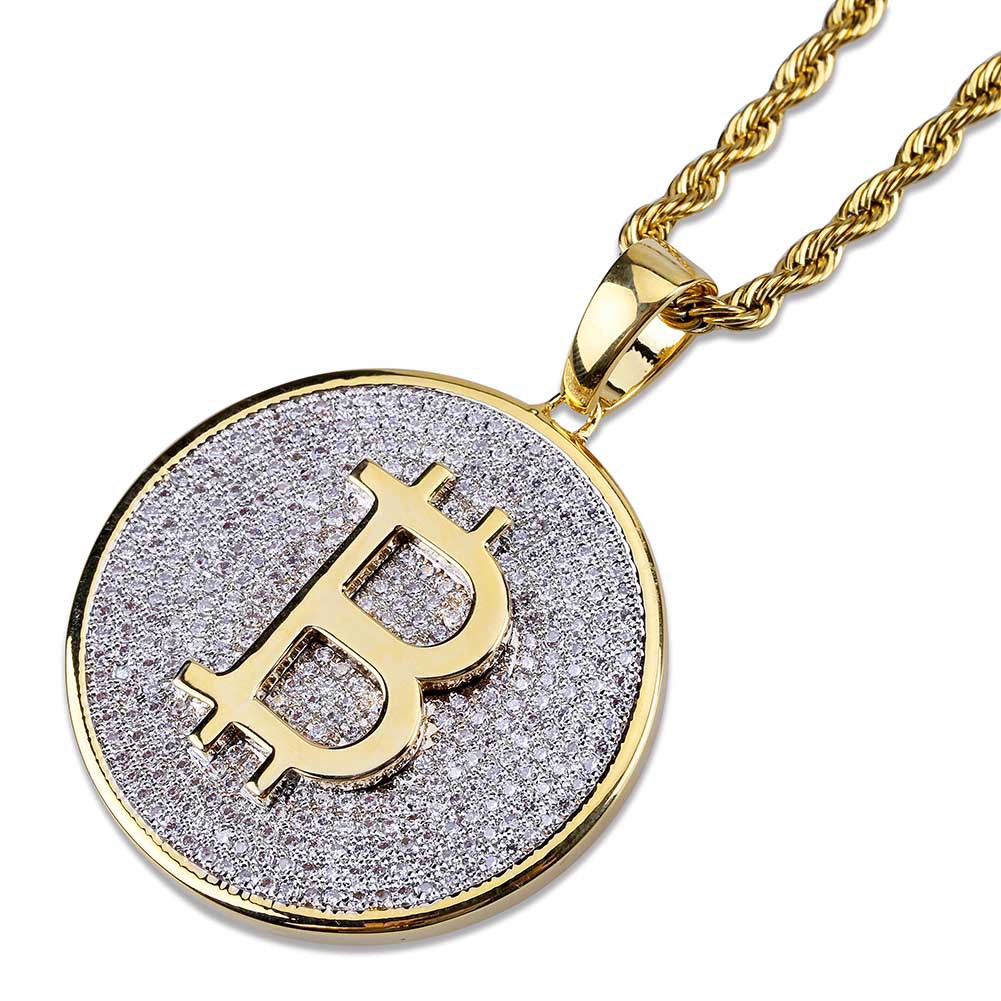 

Iced Out Gold Plated Round Bitcoin Pendant Necklace with Rope Chain Hip Hop Mens Zircon Jewelry Gift
